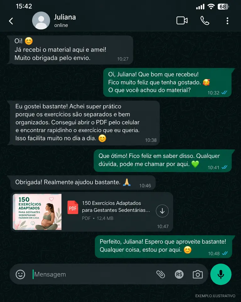 Conversa da Juliana sobre o guia de exercícios para gestantes